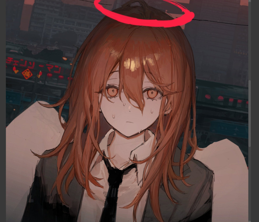 1boy, androgynous, angel, angel_devil_(chainsaw_man), angel_wings, black_jacket, black_necktie, brown_eyes