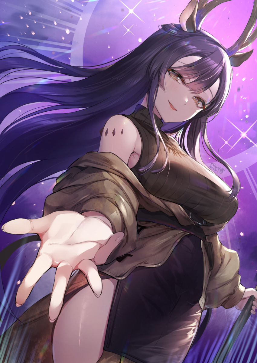 1girl, :d, animal_ears, antlers, arknights, bangs, bare_shoulders, black_dress