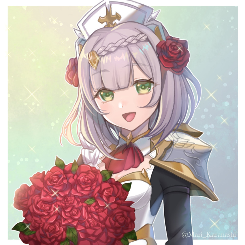 1girl, armor, armored_dress, ascot, bangs, blunt_bangs, bouquet, braid