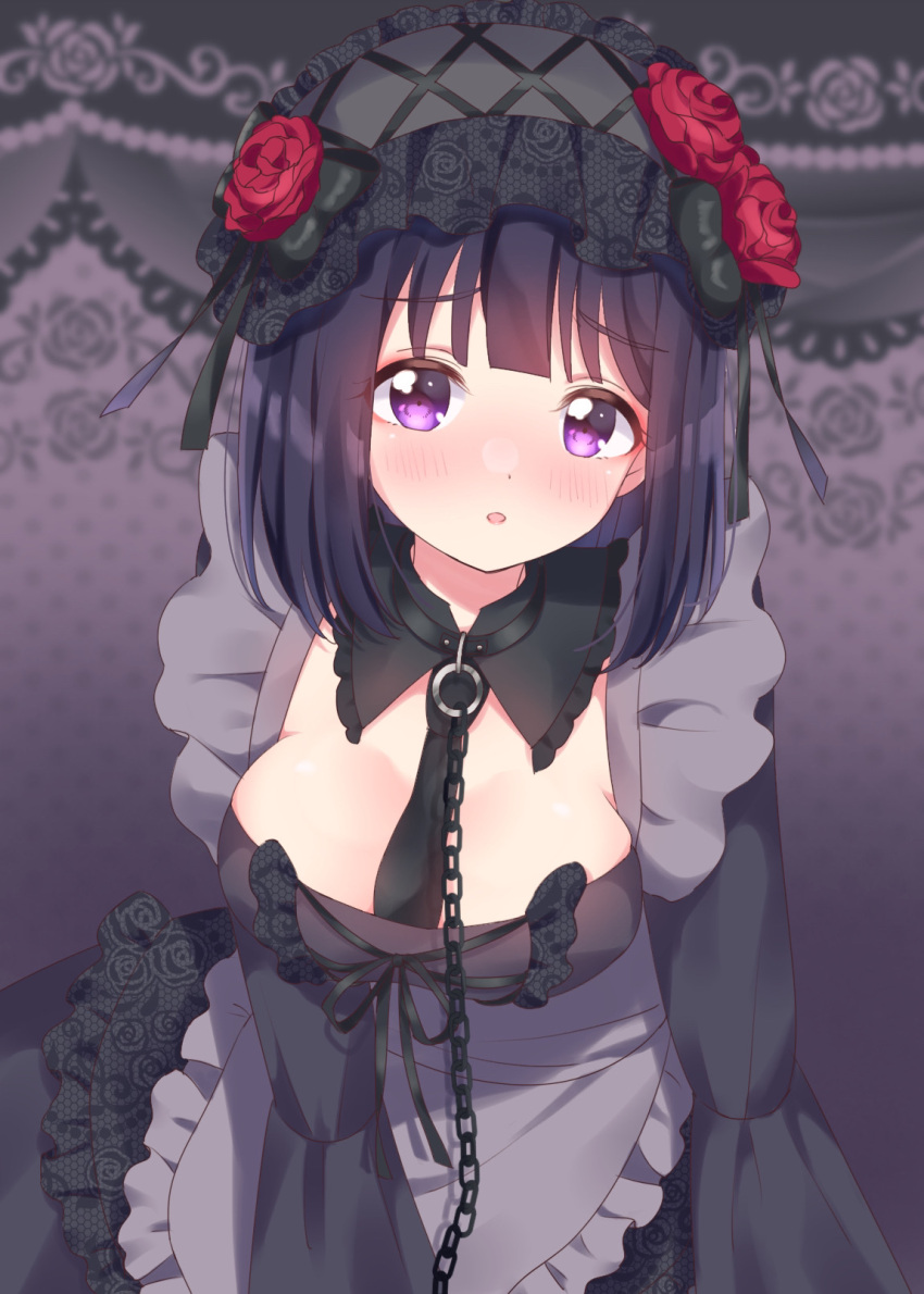 apron, bangs, black_collar, black_dress, black_hairband, black_necktie, blunt_bangs, blush