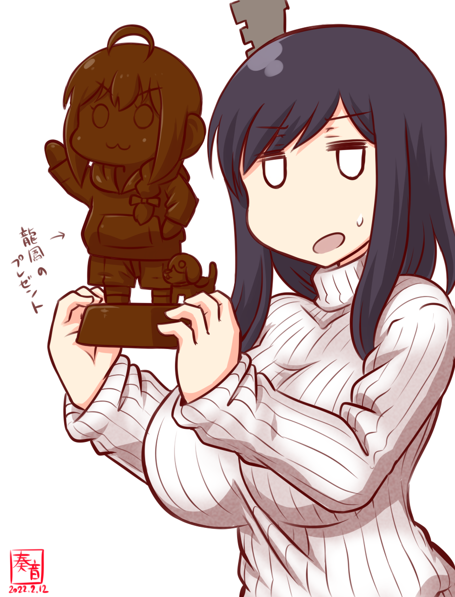 1girl, :3, ahoge, alternate_costume, artist_logo, black_hair, breasts, chocolate