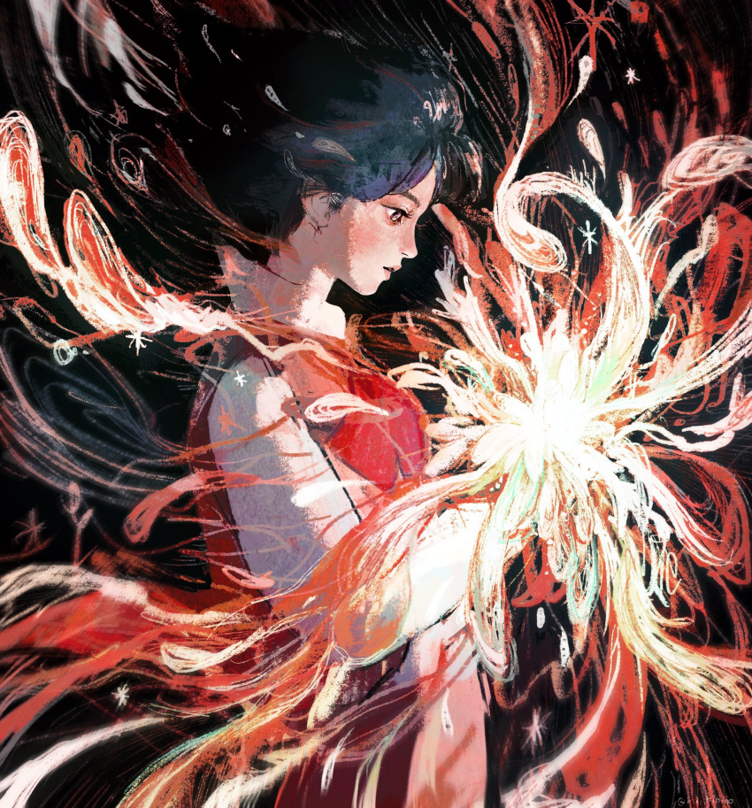 1boy, 1other, black_background, black_hair, calcifer, closed_mouth, commentary, cowboy_shot