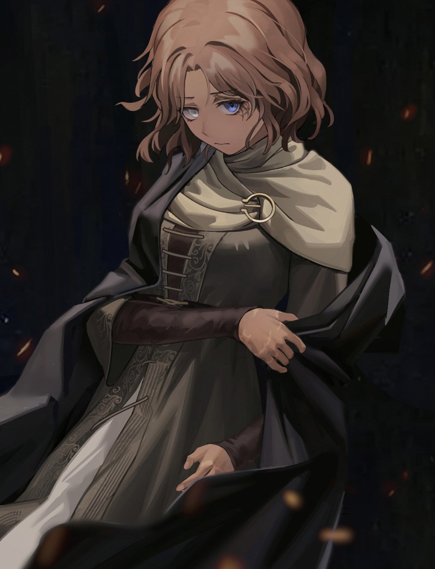 1girl, bangs, black_cloak, blue_eyes, brown_eyes, brown_hair, cape, cloak, closed_mouth, dress, elden_ring, facial_tattoo, highres, hood, hooded_cloak, kirsen, long_sleeves, looking_at_viewer, medium_hair, melina_(elden_ring), one_eye_closed, parted_lips, scar, scar_across_eye, short_hair, solo, tattoo