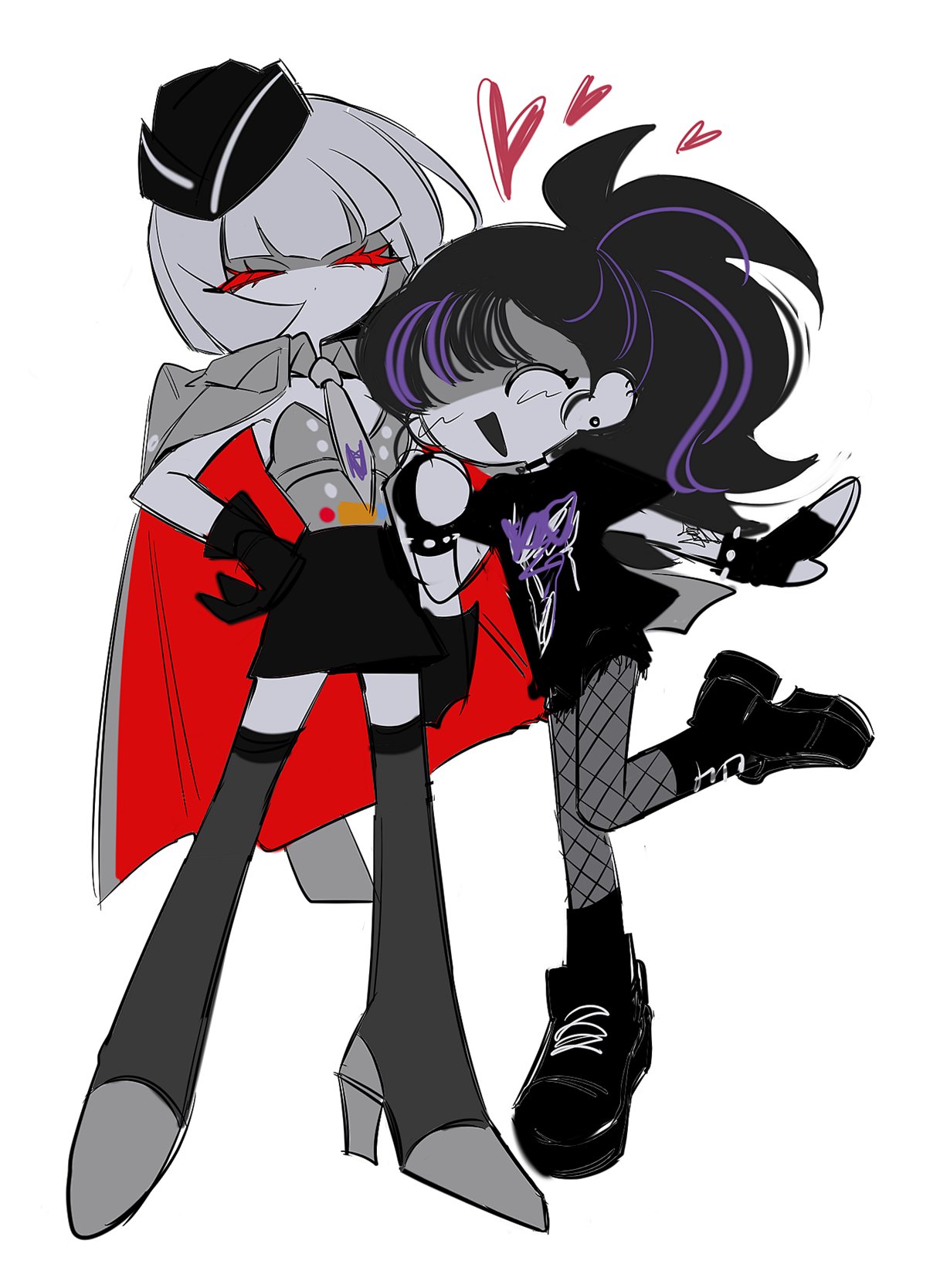 2girls, ^_^, bangs, black_footwear, black_hair, black_headwear, black_shirt, black_skirt
