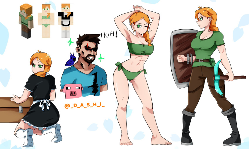 1boy, 1girl, abs, alex_(minecraft), alternate_costume, armor, armpits, arms_up, artist_name, beard, bikini, blue_shirt, boots, breastplate, breasts, brown_hair, chest, dashi, facial_hair, green_shirt, grey_footwear, highres, maid, medium_breasts, minecraft, orange_hair, parrot_(minecraft), pickaxe, pig_(minecraft), shirt, simple_background, smile, steve_(minecraft), swimsuit, t-shirt, white_background, white_footwear