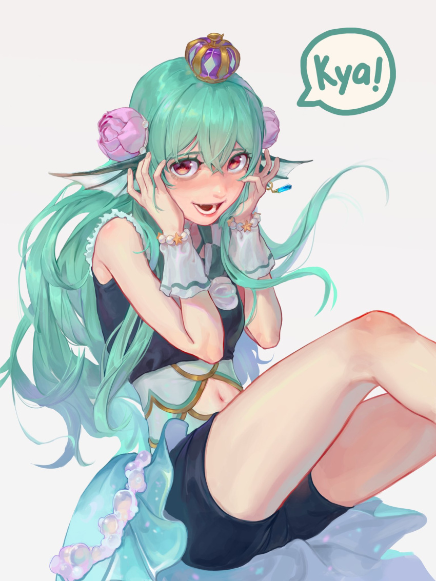 aqua_skirt, bangs, bike_shorts, black_shorts, blush, brown_eyes, clothing_cutout, crown, english_commentary, eyebrows_behind_hair, finana_ryugu, floating_hair, flower, green_hair, grey_background, hands_on_own_face, highres, long_hair, looking_at_viewer, navel, navel_cutout, nijisanji, nijisanji_en, open_mouth, purple_flower, saveronia, shorts, sitting, skirt, smile, speech_bubble, virtual_youtuber, wrist_cuffs