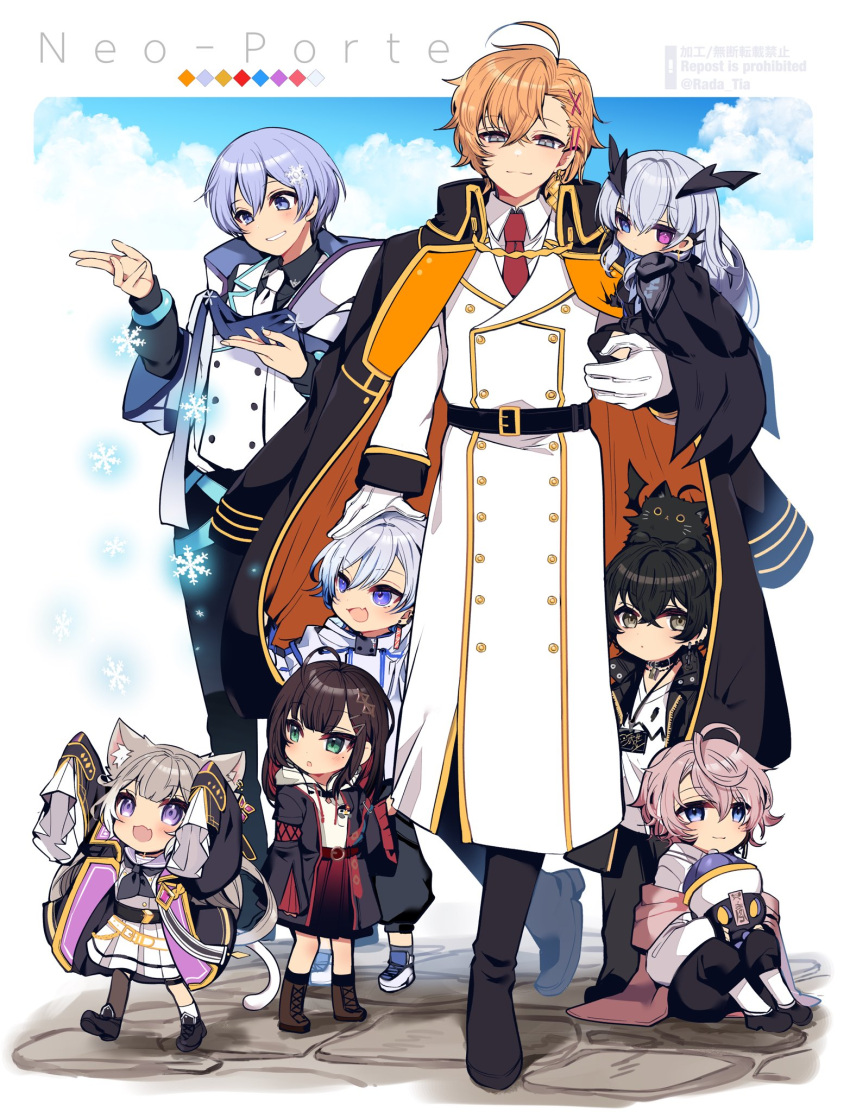 3girls, 5boys, ahoge, animal_ears, animal_on_head, aruse_inu, belt, black_belt