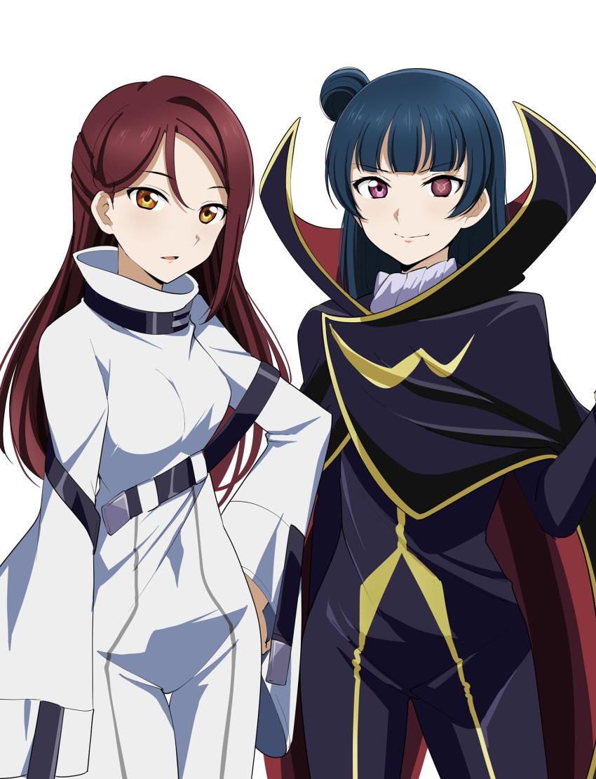 2girls, bangs, barkhorn0331, belt, blue_hair, breasts, c.c., c.c._(cosplay)