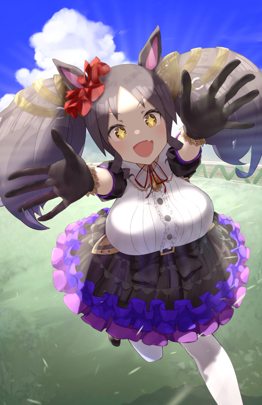 +_+, 1girl, :d, animal_ears, big_hair, black_gloves, breasts, brown_hair