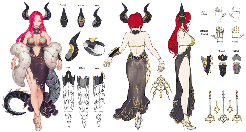 1girl, absurdres, aoin, bare_shoulders, black_dress, blue_eyes, breasts, character_sheet