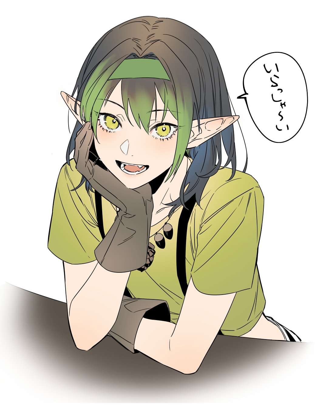 1boy, :d, acorn, bangs, black_gloves, black_hair, elbow_rest, elf