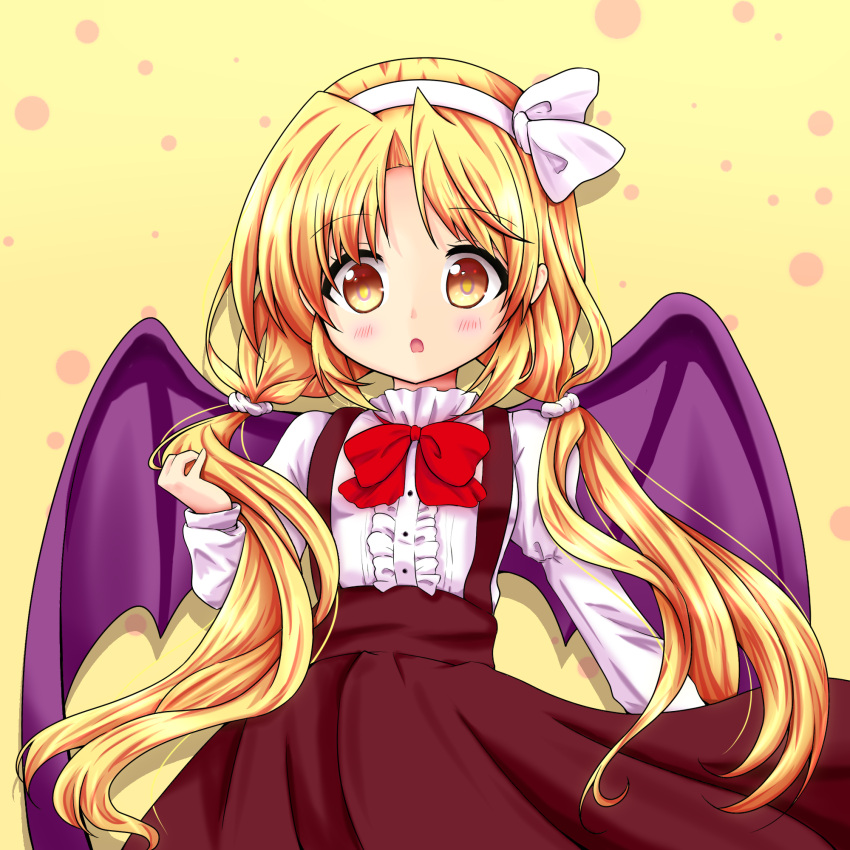 1girl, :o, alternate_hairstyle, blonde_hair, blush, bow, brown_skirt, colorized