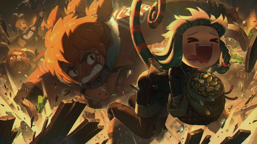 >_<, 2boys, 2girls, :d, absurdres, angry, bard, blush
