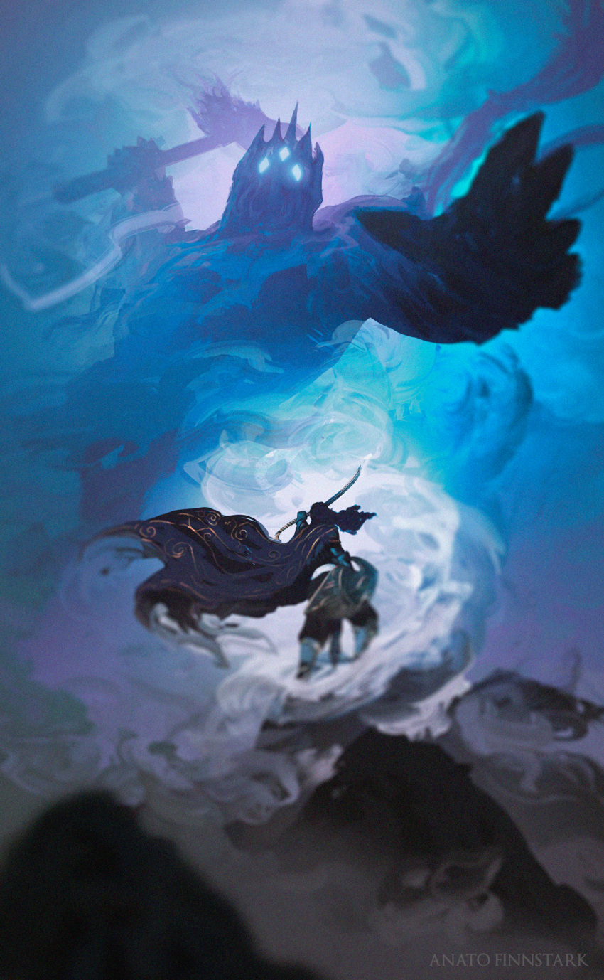 2boys, anato_finnstark, artist_name, attack, blue_theme, fingolfin, giant, giant_male