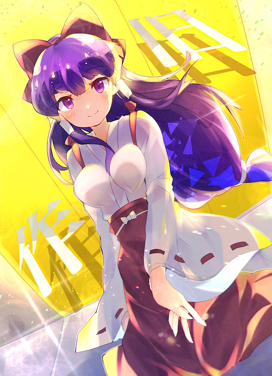 1girl, bangs, blunt_bangs, blush, bow, breasts, closed_mouth, detached_sleeves