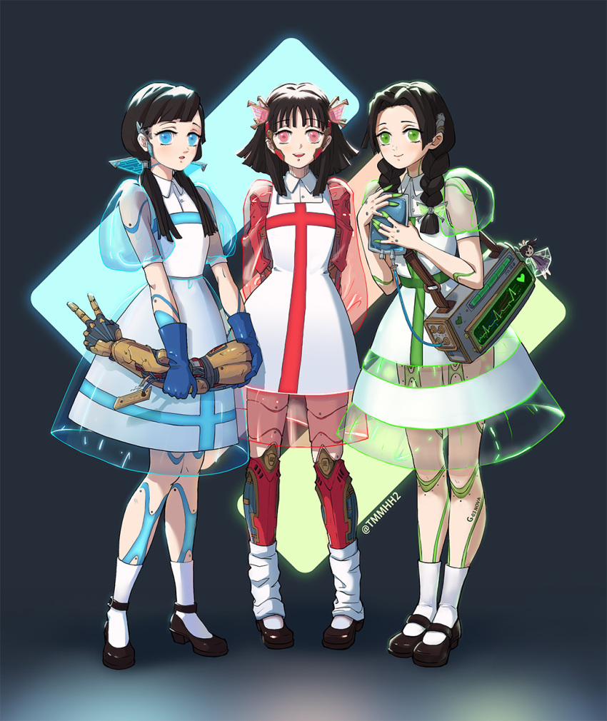 3girls, adapted_costume, android, arms_behind_back, bangs, black_footwear, black_hair, blue_eyes
