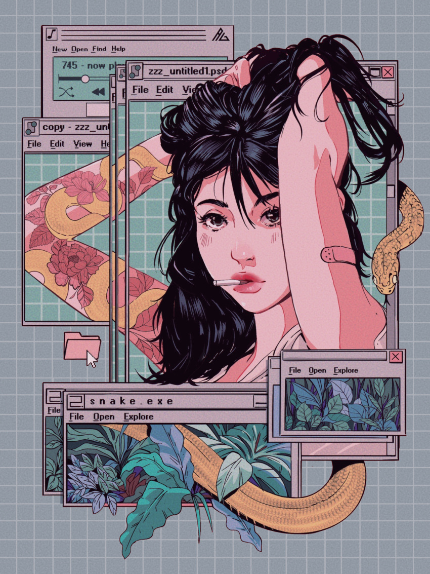 1girl, arm_tattoo, arms_up, astralgrave, bandaid, bandaid_on_arm, black_hair, cigarette, grey_eyes, hair_up, hands_in_hair, highres, lips, long_hair, looking_at_viewer, messy_hair, nose, original, sleeveless, smoking, snake, solo, tattoo, thick_eyebrows, windows_desktop