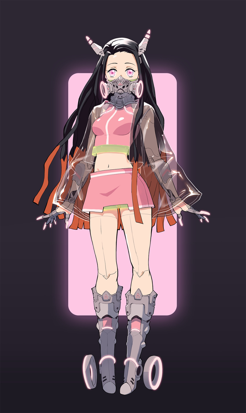 1girl, adapted_costume, android, arms_at_sides, black_hair, boots, breasts, commentary