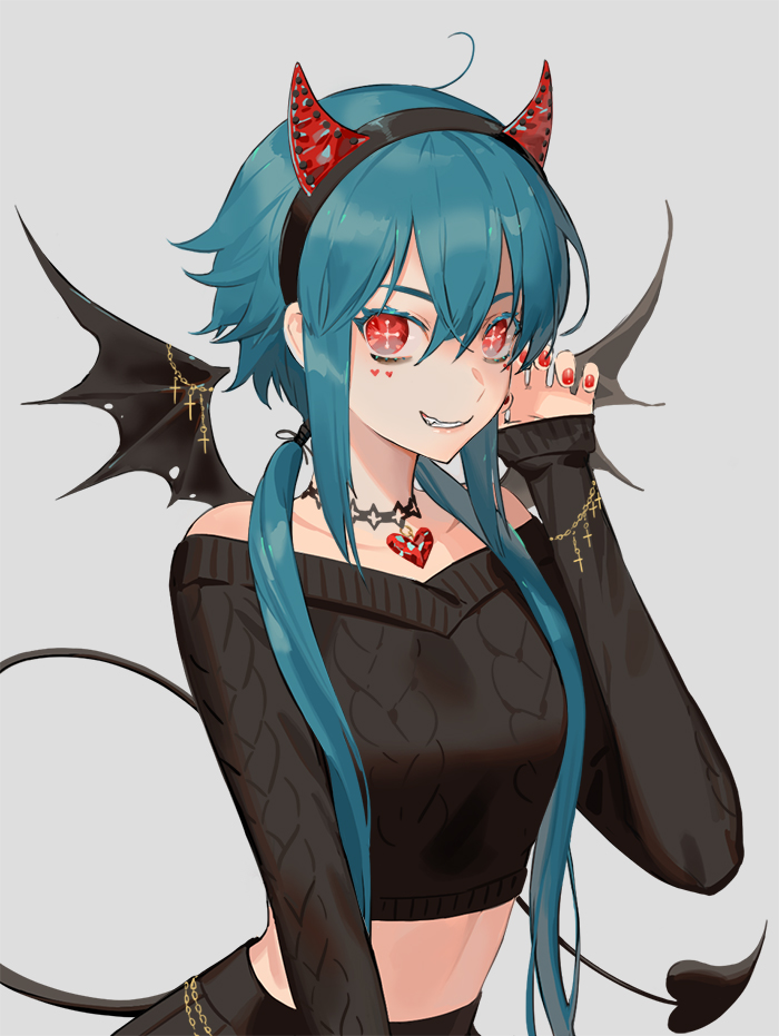 1girl, ahoge, bags_under_eyes, bangs, bare_shoulders, bianca_(black_survival), black_skirt, black_survival