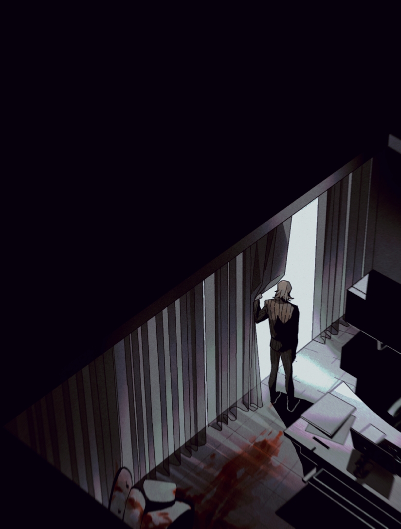 1boy, blood, blood_stain, curtain_grab, curtains, dark, desk, formal, from_above, hunter_x_hunter, implied_murder, indoors, iolite1018, male_focus, pariston_hill, solo, standing, suit