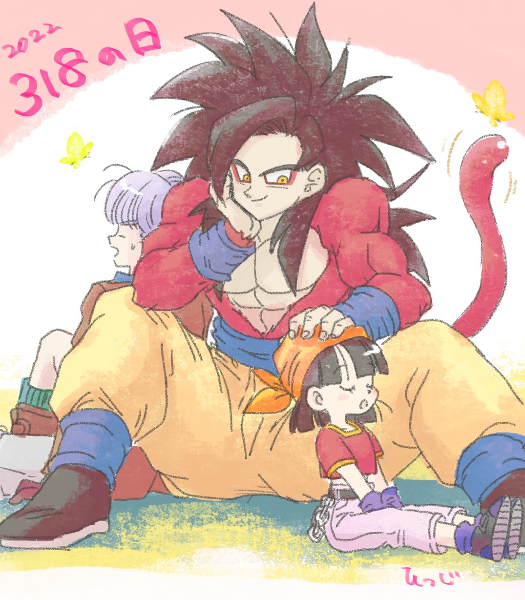 bandana, black_hair, body_fur, chain, denim, dragon_ball, dragon_ball_gt, gloves, grandfather_and_granddaughter, highres, jeans, mayoi_meemee, monkey_boy, monkey_tail, muscular, muscular_male, orange_bandana, pan_(dragon_ball), pants, purple_hair, red_fur, saiyan, son_goku, spiky_hair, super_saiyan, super_saiyan_4, tail, trunks_(dragon_ball), yellow_eyes