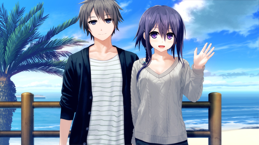 1boy, 1girl, :d, bangs, black_hair, black_jacket, blue_eyes, blue_sky