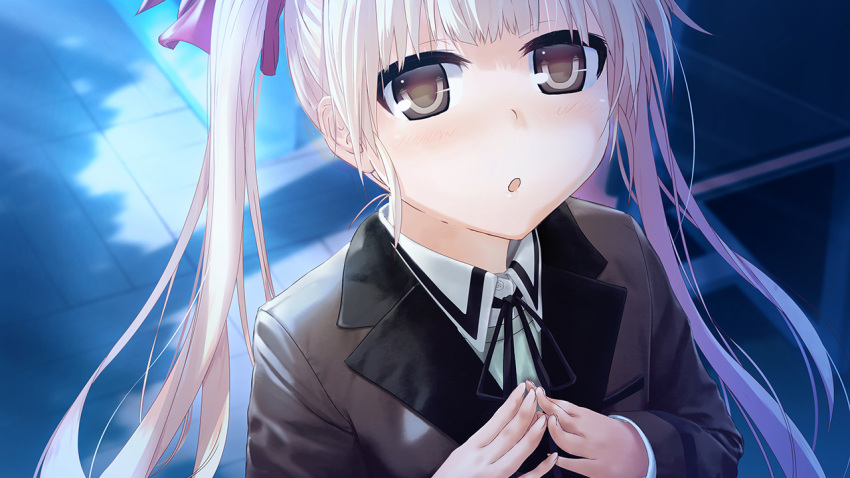 1girl, bangs, black_ribbon, blunt_bangs, bow, brown_eyes, collared_shirt, game_cg