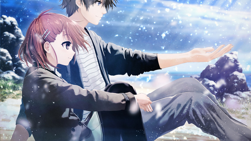 1boy, 1girl, bangs, black_cardigan, black_hair, black_legwear, blurry, blurry_background