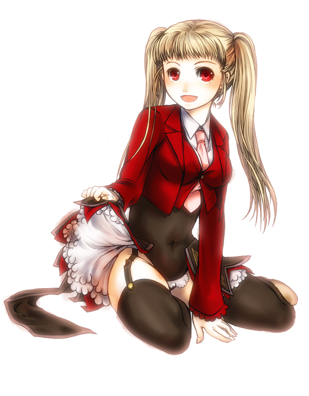 1girl, :d, asmodeus_(umineko), bangs, between_legs, black_legwear, black_leotard, blonde_hair, blush, breasts, collared_shirt, full_body, garter_straps, hand_between_legs, jacket, leotard, long_hair, long_sleeves, looking_at_viewer, medium_breasts, misumi_kouji, navel, necktie, open_clothes, open_jacket, open_mouth, pink_necktie, red_eyes, red_jacket, shirt, showgirl_skirt, simple_background, smile, solo, stakes_of_purgatory, thigh-highs, twintails, umineko_no_naku_koro_ni, white_background, white_shirt, wing_collar