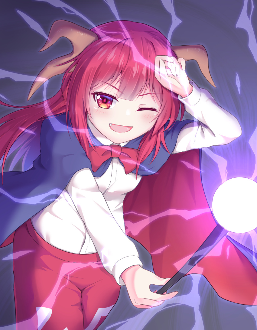 1girl, blue_capelet, bow, bowtie, capelet, cloak, fang, hakama