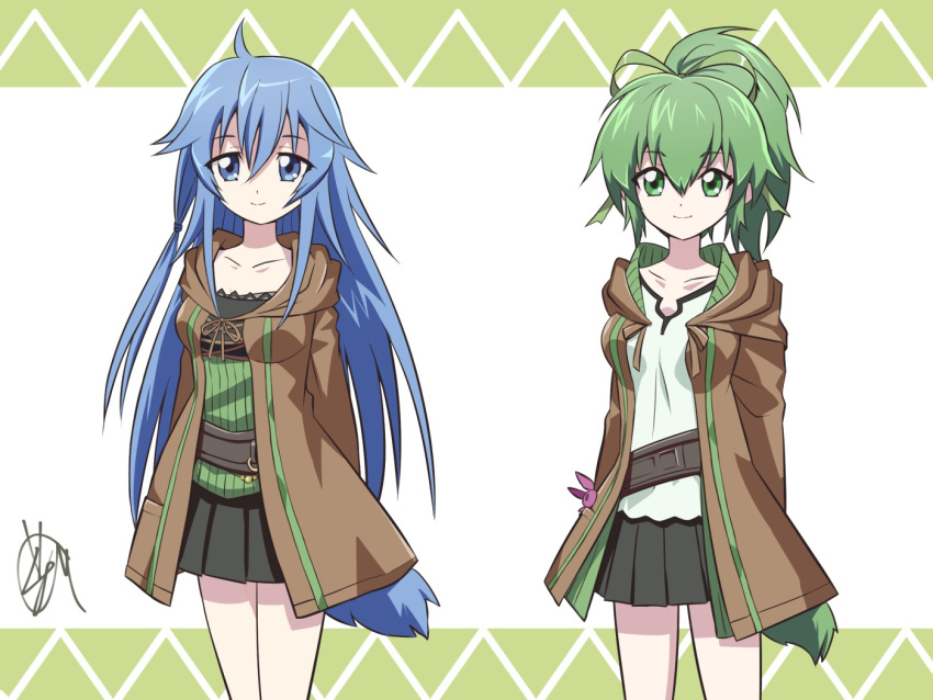 2girls, arms_behind_back, blue_eyes, blue_hair, bow, breasts, brown_robe, chaya_mago