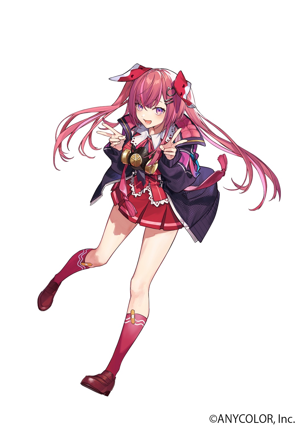 amagase_muyu, bandaid, bandaid_on_leg, bangs, black_jacket, brown_footwear, cat_hair_ornament, double_v, eyebrows_visible_through_hair, gas_mask, hair_ornament, highres, itefu, jacket, long_hair, looking_at_viewer, mask, mask_around_neck, nijisanji, official_art, red_skirt, redhead, skirt, smile, twintails, v, violet_eyes, virtual_youtuber