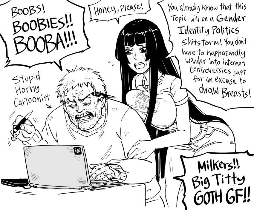1boy, absurdres, angry, artist_self-insert, bangs, bb_(baalbuddy), bent_over, black_hair