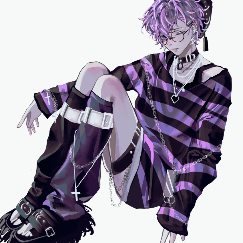 1boy, 9333, alternate_costume, black_footwear, black_tank_top, blush, chain, collarbone, glasses, highres, jewelry, lip_piercing, looking_at_viewer, male_focus, necklace, nijisanji, nijisanji_en, one_eye_closed, piercing, purple_hair, shirt, sitting, solo, striped, striped_shirt, tank_top, thigh_strap, tube_socks, uki_violeta, violet_eyes, virtual_youtuber