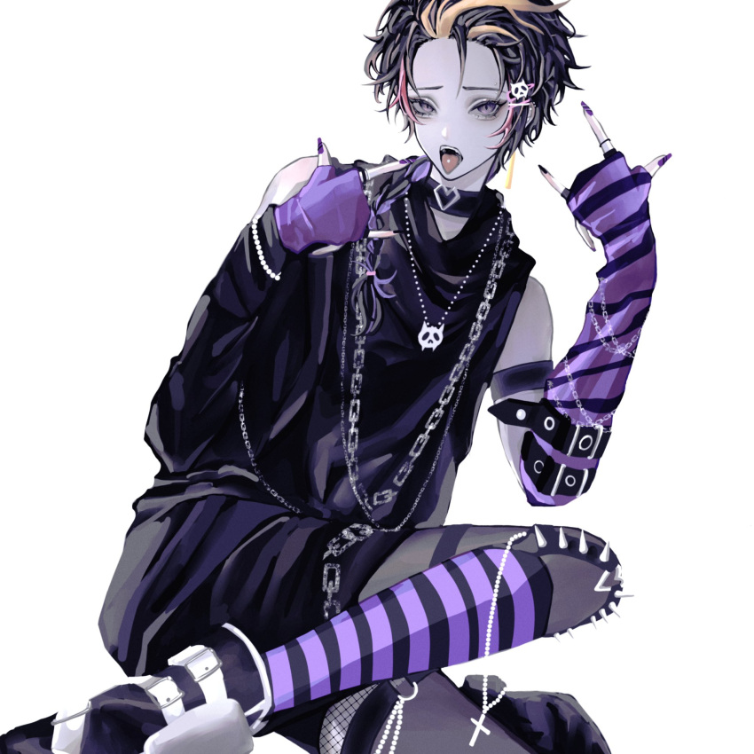 1boy, 9333, \m/, alternate_costume, bangs, black_choker, black_shirt, choker