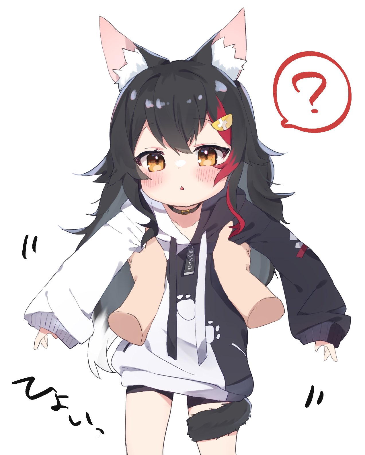 1girl, ?, animal_ear_fluff, animal_ears, bangs, black_choker, black_hair, black_hoodie, blush, brown_eyes, carrying, choker, disembodied_limb, eyebrows_visible_through_hair, hair_ornament, hairclip, highres, hololive, hood, hoodie, long_hair, long_sleeves, looking_at_viewer, multicolored_hair, nakami_(lhyqc), ookami_mio, parted_lips, redhead, solo_focus, spoken_question_mark, streaked_hair, tail, triangle_mouth, two-tone_hoodie, very_long_hair, virtual_youtuber, white_hair, white_hoodie, wolf_ears, wolf_girl, wolf_tail, younger