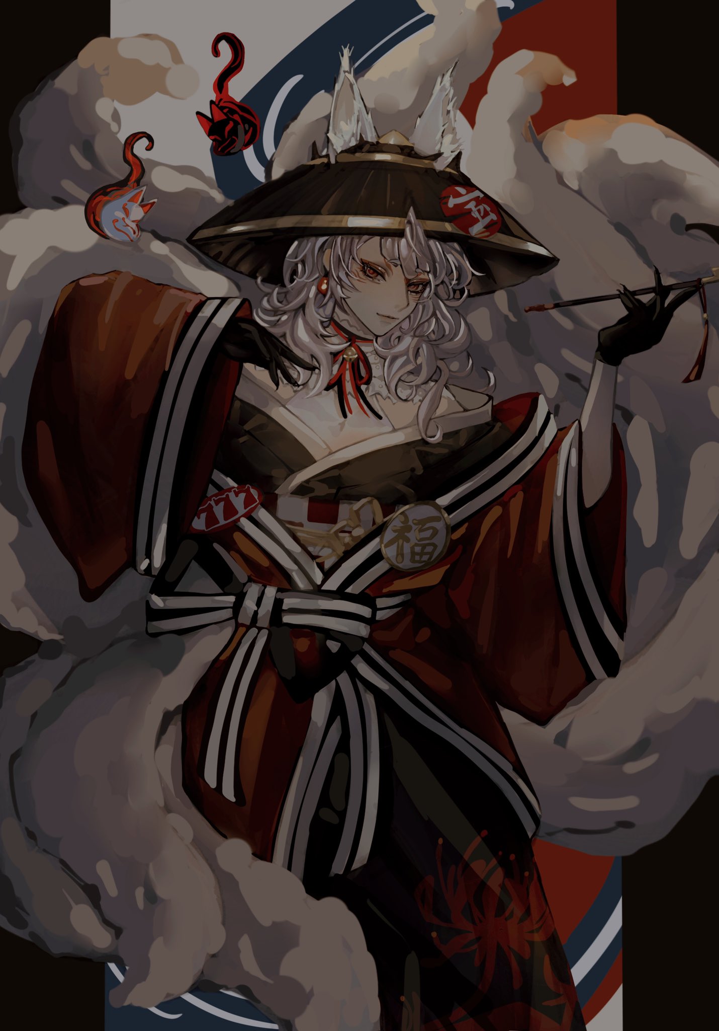 1girl, 9333, animal_ear_fluff, animal_ears, bangs, black_gloves, black_headwear, black_kimono