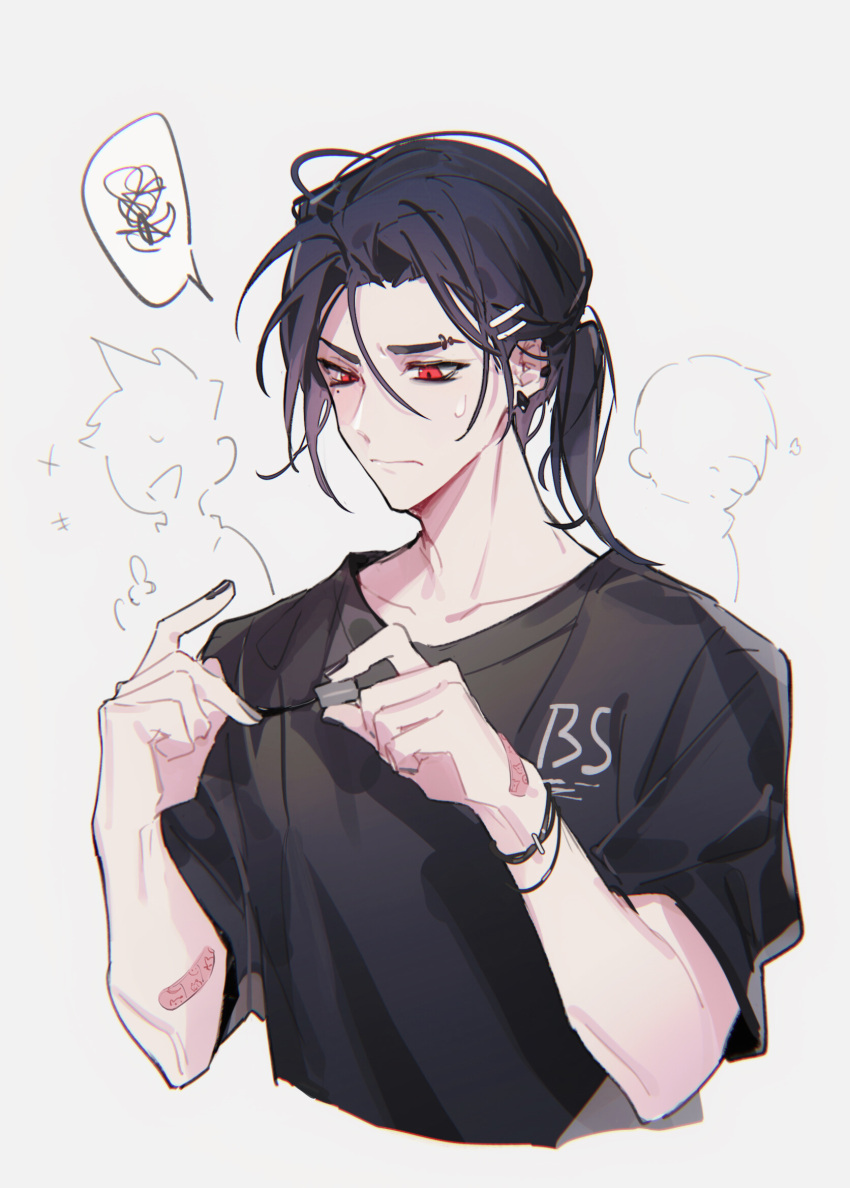 3boys, alternate_eye_color, alternate_hair_length, alternate_hairstyle, bandaid, bandaid_on_arm, black_hair, black_nails, black_shirt, bracelet, buried_stars, chang_seil, chinese_commentary, clip_studio_paint_(medium), closed_mouth, commentary, ear_piercing, earrings, eyebrow_piercing, grey_background, hair_ornament, hairclip, han_do-yoon, highres, jewelry, long_hair, male_focus, mole, mole_under_eye, multiple_boys, nail_polish, painting_nails, piercing, ponytail, red_eyes, seo_hyesung, shirt, short_sleeves, simple_background, solo_focus, spoken_squiggle, squiggle, sweat, upper_body, yusa_(yusa0751)