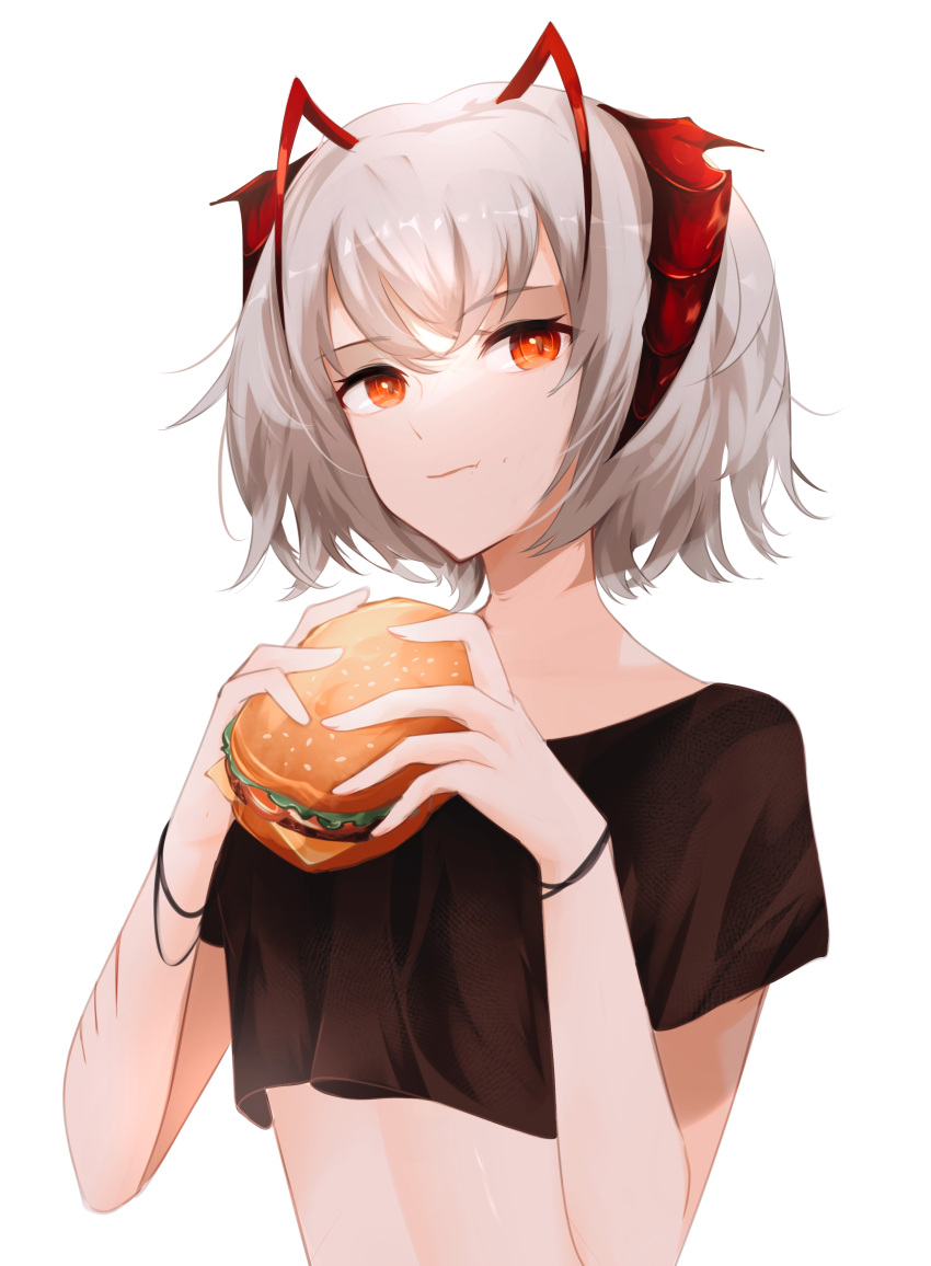1girl, absurdres, alternate_costume, antennae, arknights, black_shirt, black_wristband, burger, crop_top, cropped_shirt, demon_horns, eyebrows_visible_through_hair, food, grey_hair, gupipy, hair_between_eyes, highres, holding, holding_food, horns, looking_at_viewer, no_ahoge, orange_eyes, scar, scar_on_arm, shirt, short_hair, simple_background, solo, upper_body, w_(arknights), white_background