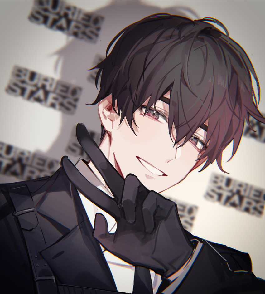 1boy, black_gloves, black_necktie, black_suit, brown_hair, buried_stars, chest_harness, chinese_commentary