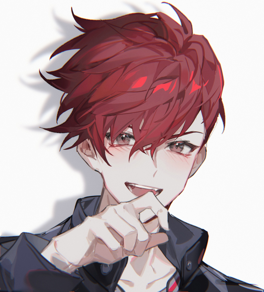 1boy, black_jacket, blush, buried_stars, chinese_commentary, commentary, fangs, hand_up
