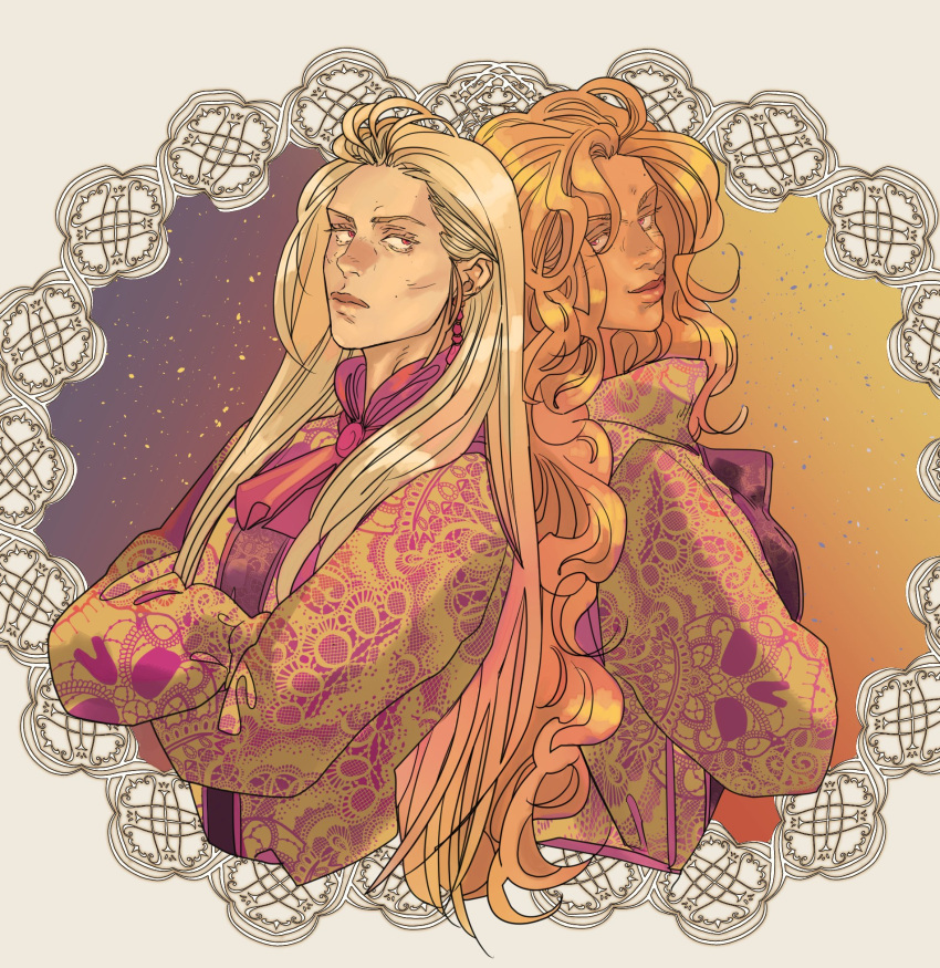 2girls, back-to-back, blonde_hair, coronabeth_tridentarius, crossed_arms, frown, gideon_the_ninth, highres
