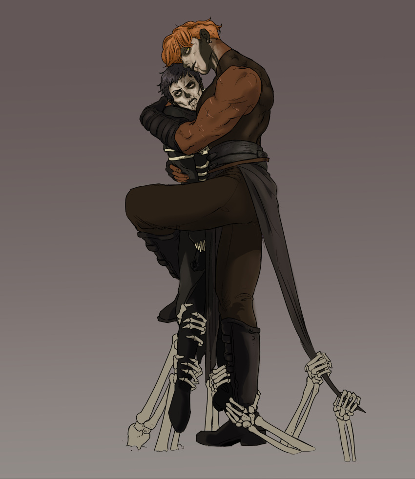 2girls, bare_arms, bare_shoulders, black_clothes, bone, dark-skinned_female, dark_skin, facepaint, full_body, gideon_nav, gideon_the_ninth, harrowhark_nonagesimus, height_difference, highres, hug, mashe_(marceline2174), multiple_girls, muscular, muscular_female, necromancer, redhead, short_hair, simple_background, skeletal_arm, sleeveless, sleeveless_turtleneck, tall_female, the_locked_tomb, turtleneck, yuri