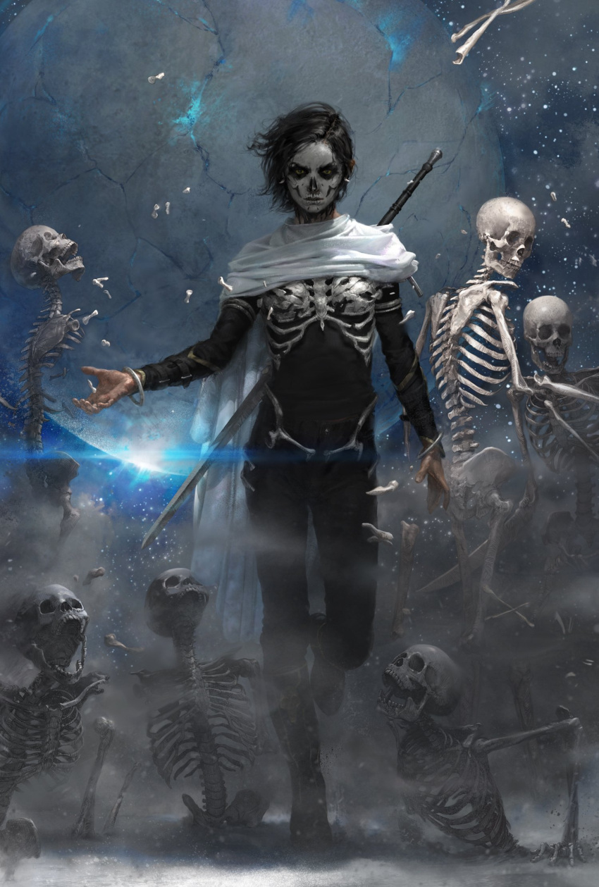 1girl, black_hair, bone, bracelet, cape, cloak, cover, cover_page