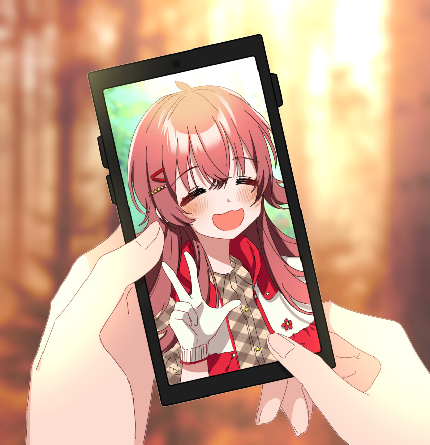 1girl, 1other, :d, =_=, ahoge, blurry, blurry_background, blush