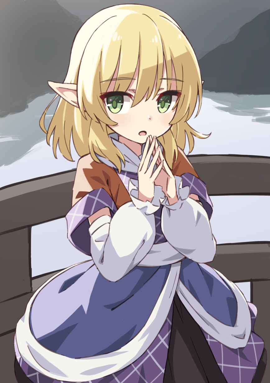 1girl, arm_warmers, bangs, blonde_hair, bridge, eyebrows_visible_through_hair, green_eyes, highres