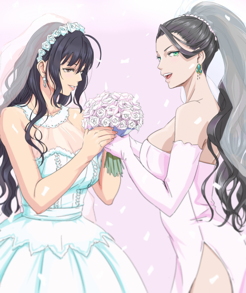 2girls, ahoge, anbj, black_hair, bouquet, breasts, bridal_veil, brown_eyes