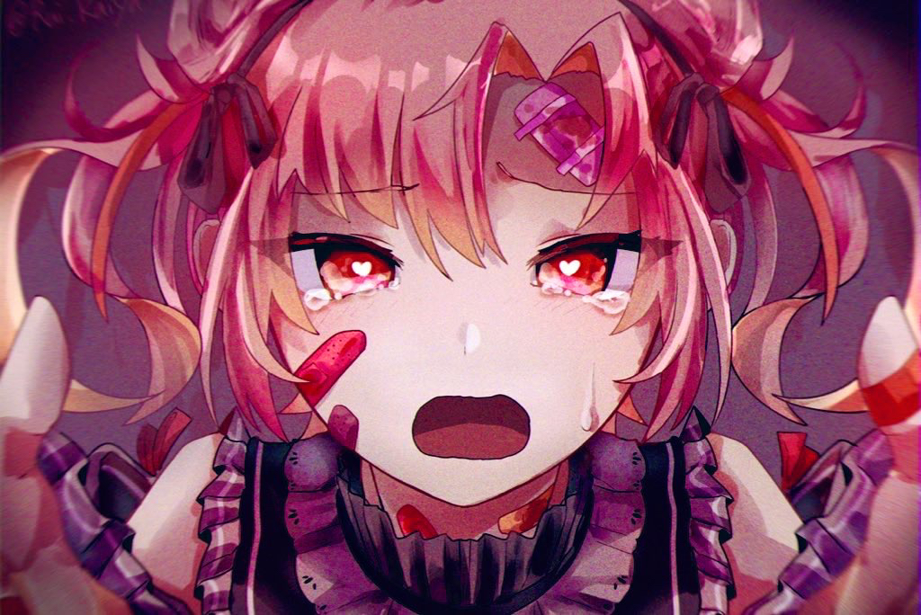 1girl, bandaid, bare_shoulders, eyebrows_visible_through_hair, frilled_shirt, frills, heart, heart-shaped_pupils, kgfg4553, looking_at_viewer, open_mouth, original, pink_eyes, pink_hair, red_ribbon, ribbon, shirt, short_hair, sleeveless, symbol-shaped_pupils, tears