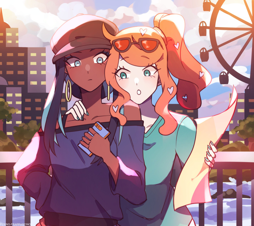 2girls, absurdres, black_hair, blue_eyes, blue_eyeshadow, blue_hair, clouds, dark-skinned_female