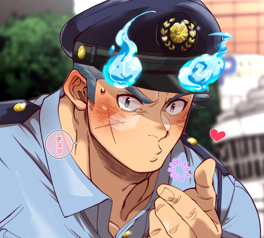 1boy, blue_eyes, blue_fire, blue_hair, blurry, blurry_background, blush, close-up